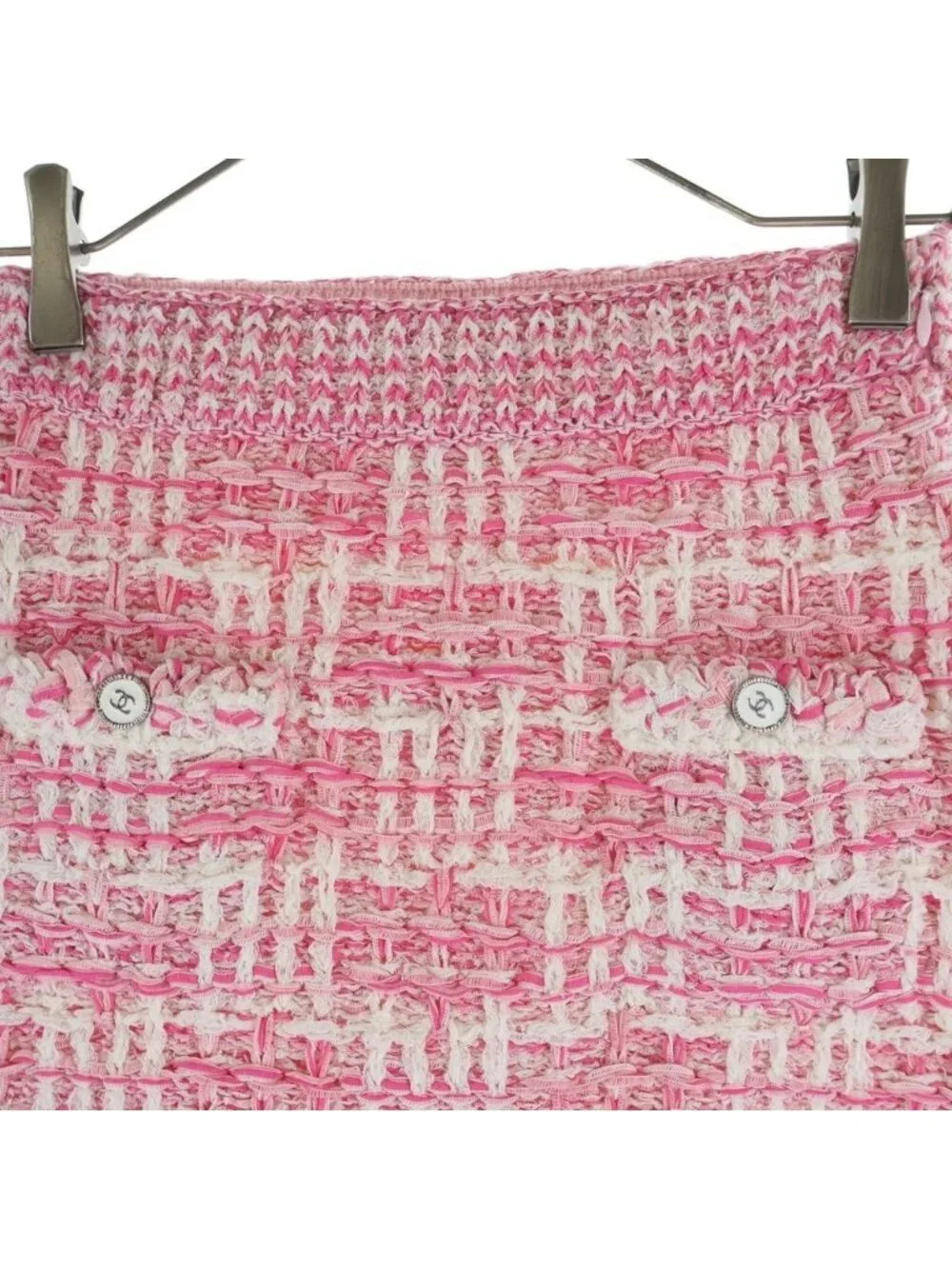 Chanel Tweed Fringe Skirt CC Logo Button Pink White